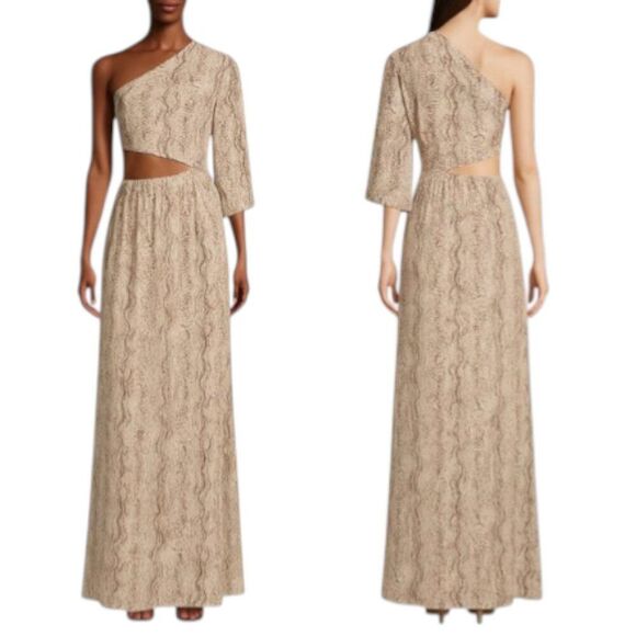 NEW L’AGENCE X-Small Sleek Neutral Maxi Dress Snakeskin Print One Shoulder Party - Picture 1 of 13